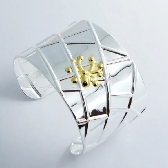 Sterling Silver Wide Bangle Gold Spider Two Tone Bangle Luxury Bracelet - Picture 9 of 12